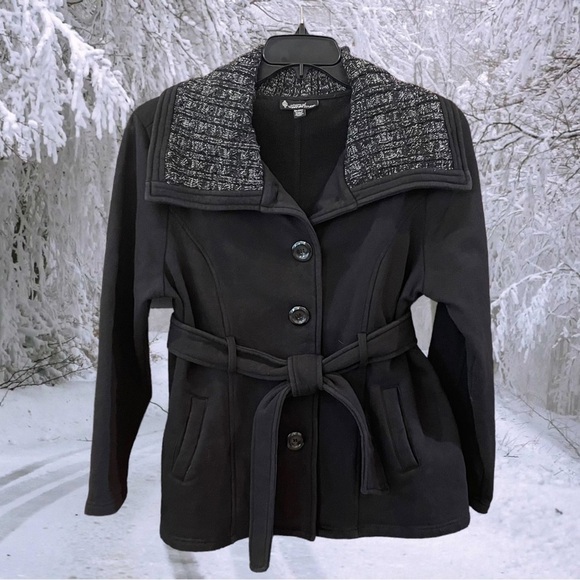 Signature Studio Size XL Black Front Button Pea Coat Tie Belt & Pockets - Picture 2 of 6